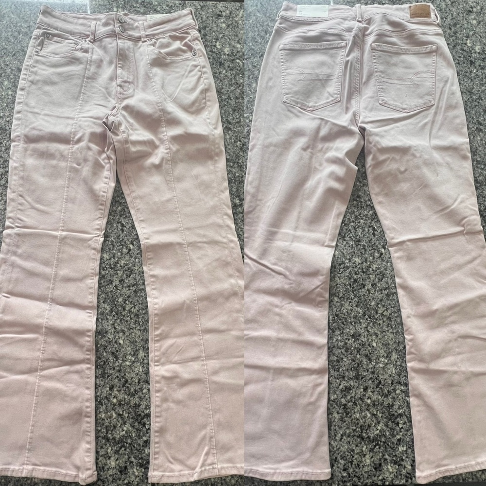 Women's American Eagle Light Pink Stretch Hi-Rise Flare Jeans (NWT) - Size 12R